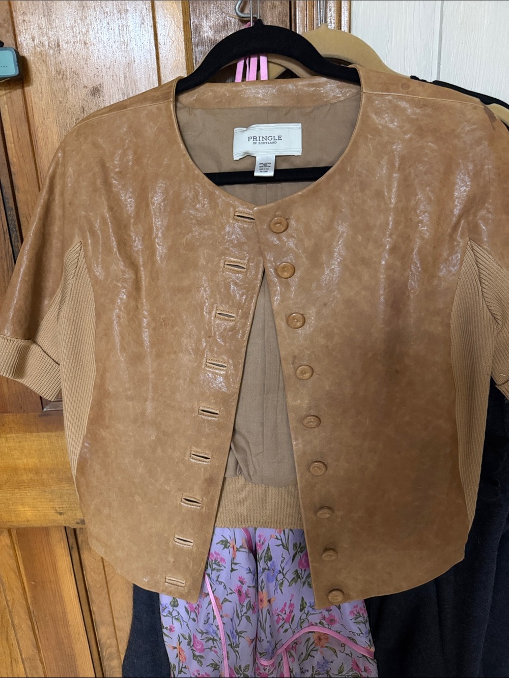 Pringle Camel/Tan Short-Sleeve Leather Button Jacket